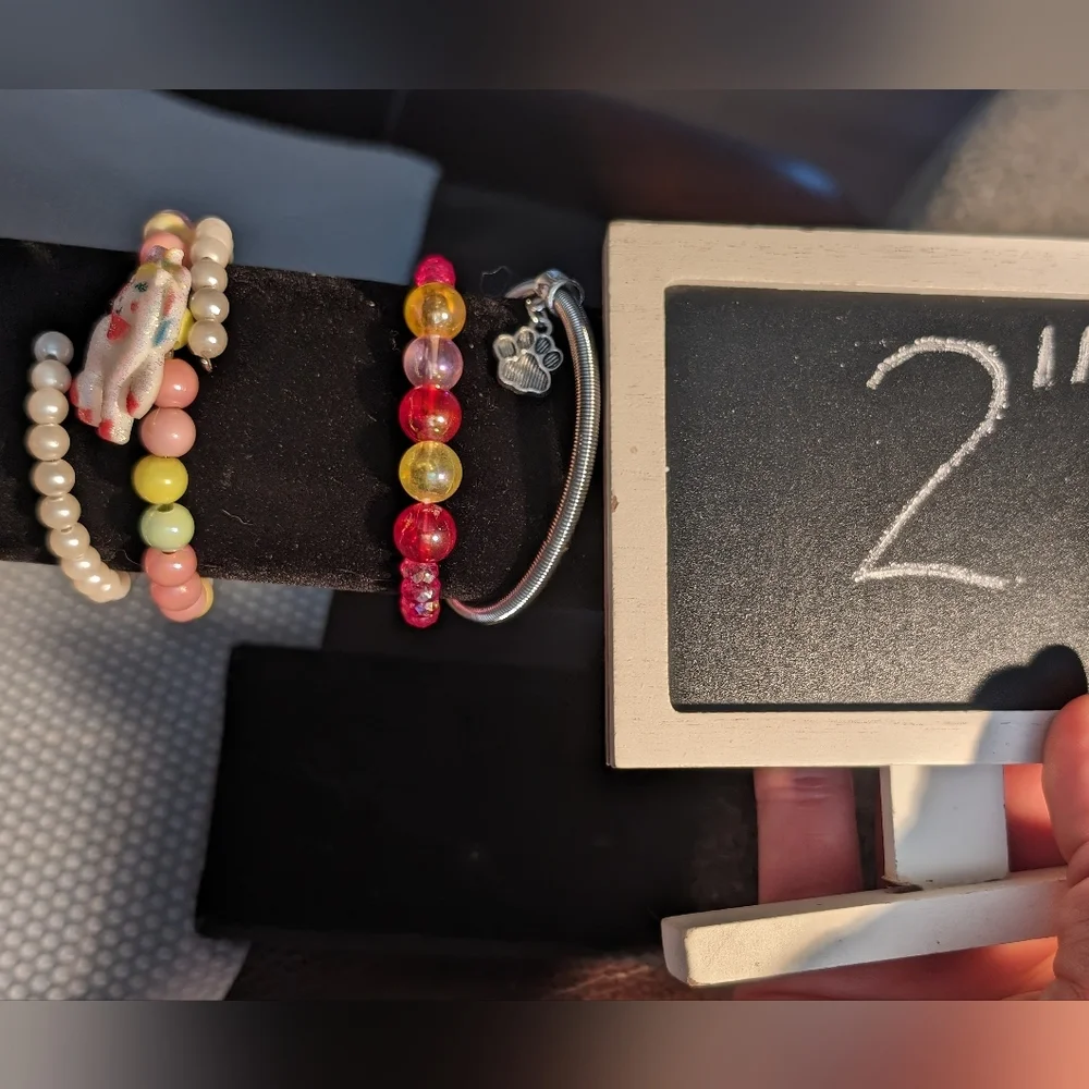Lot 3 child's whimsy costume bracelets 2 beaded 1 coil 1 bangle 1‎ stretchy